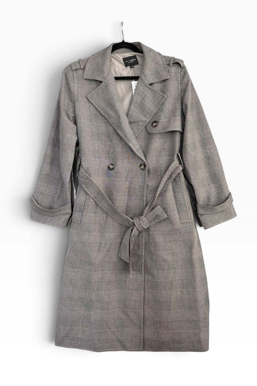 LOFT Versa Plaid Seasonless Stretch Trench Coat Size S Grey
